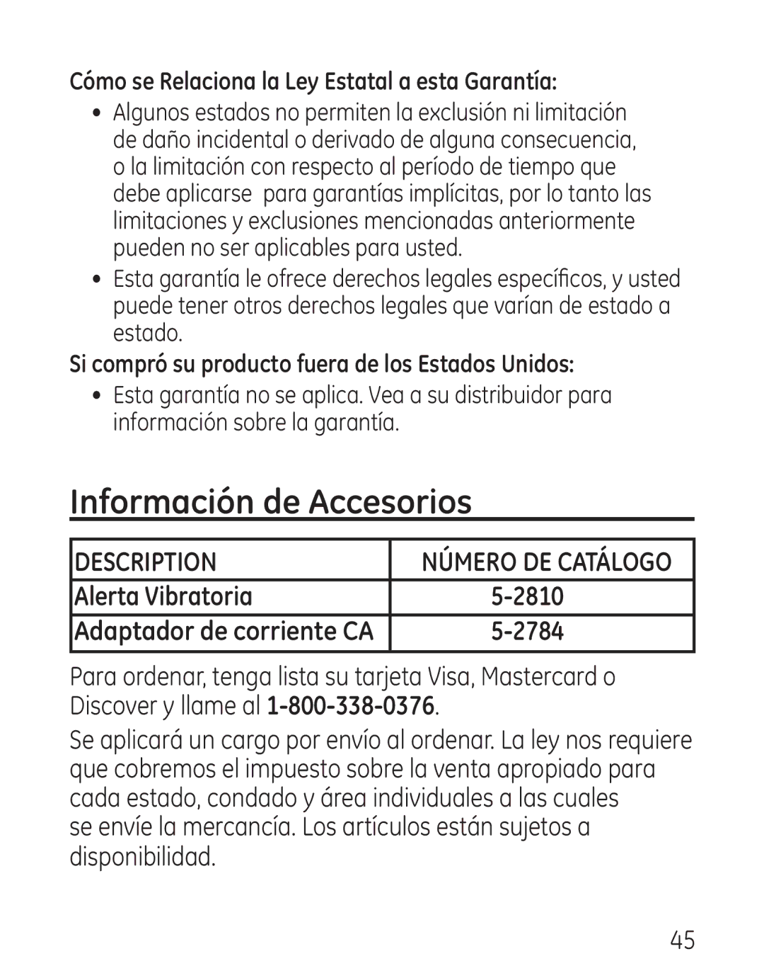 GE 29579 manual Información de Accesorios, Alerta Vibratoria 2810, 2784 