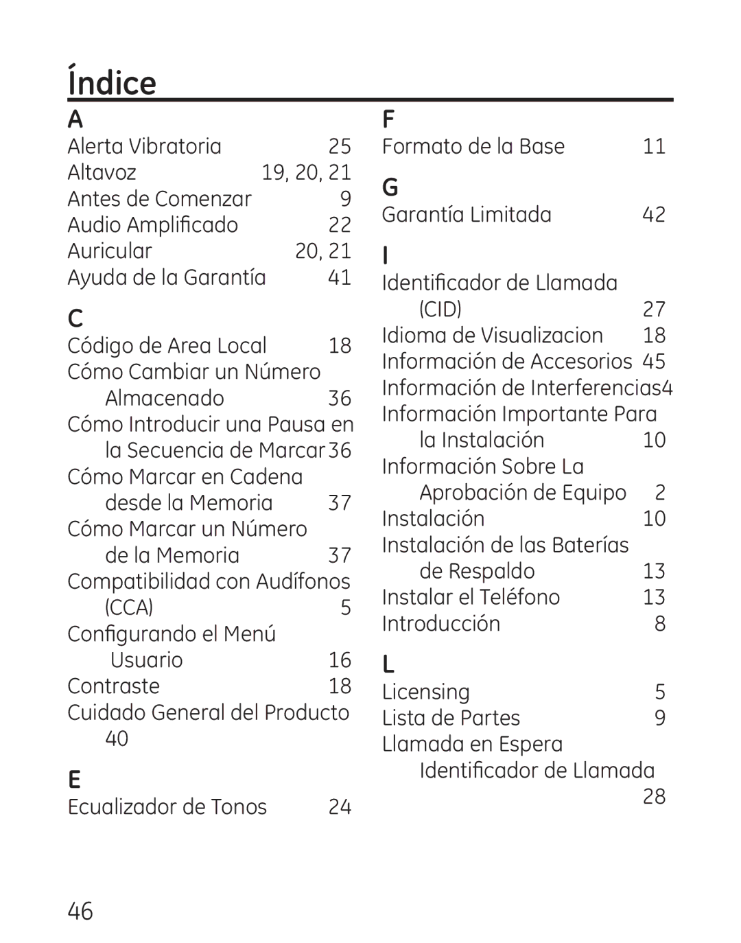 GE 29579 manual Índice, Cca 