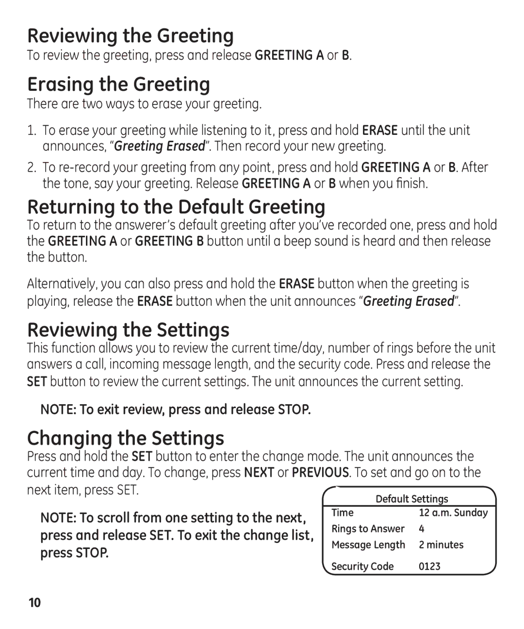 GE 29861 manual Reviewing the Greeting, Erasing the Greeting, Returning to the Default Greeting, Reviewing the Settings 