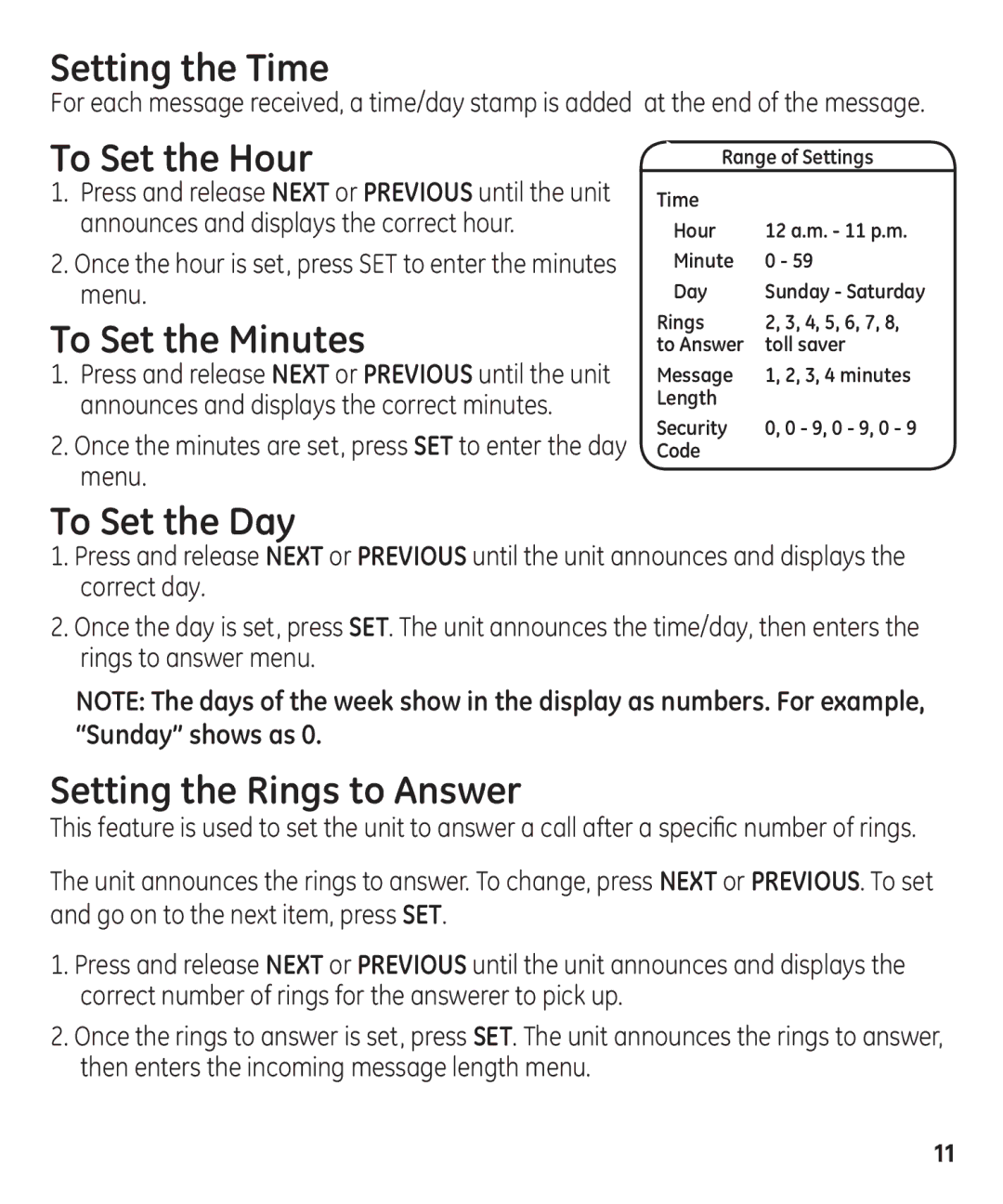 GE 29861 manual Setting the Time, To Set the Hour, To Set the Minutes, To Set the Day, Setting the Rings to Answer 