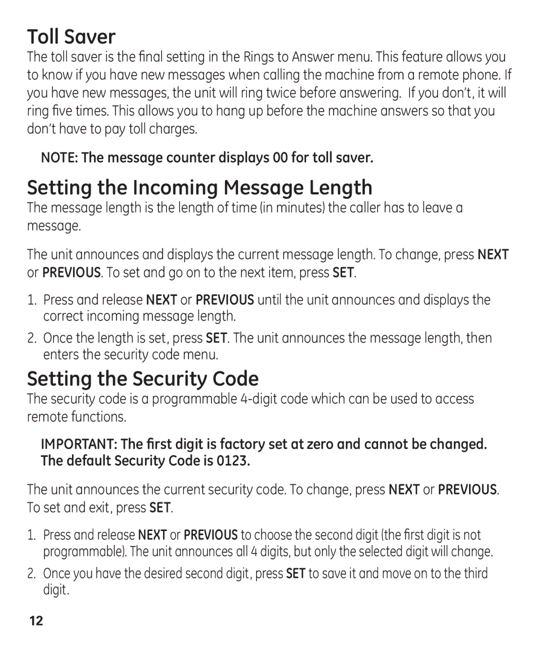 GE 29861 manual Toll Saver, Setting the Incoming Message Length, Setting the Security Code 