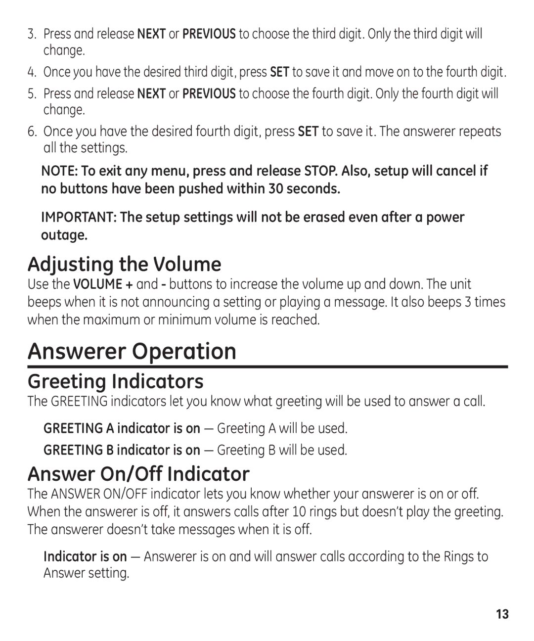 GE 29861 manual Answerer Operation, Adjusting the Volume, Greeting Indicators, Answer On/Off Indicator 