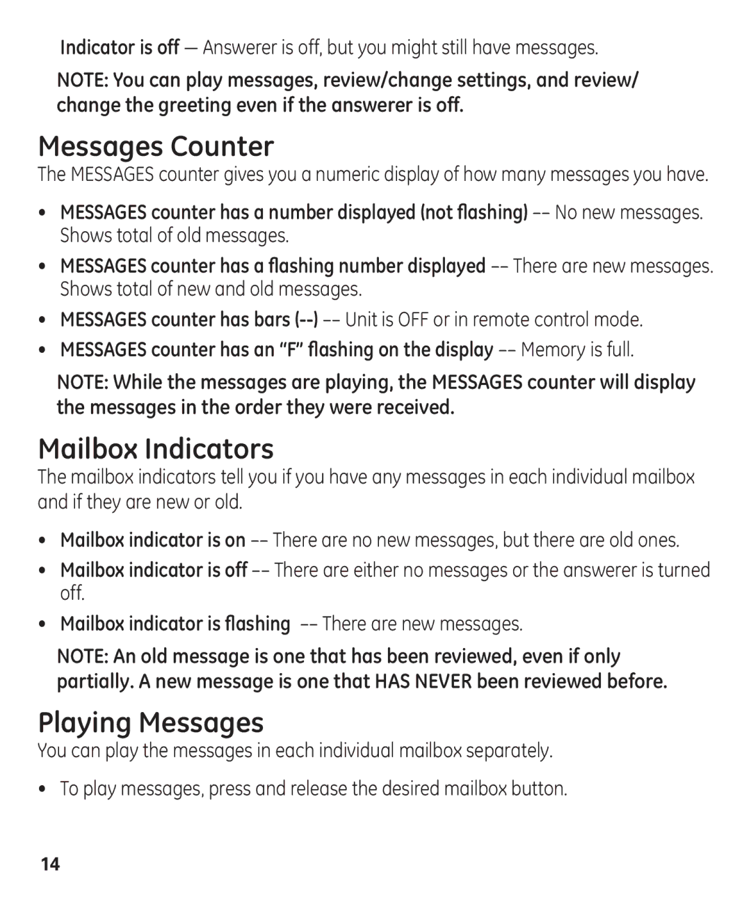 GE 29861 manual Messages Counter, Mailbox Indicators, Playing Messages 