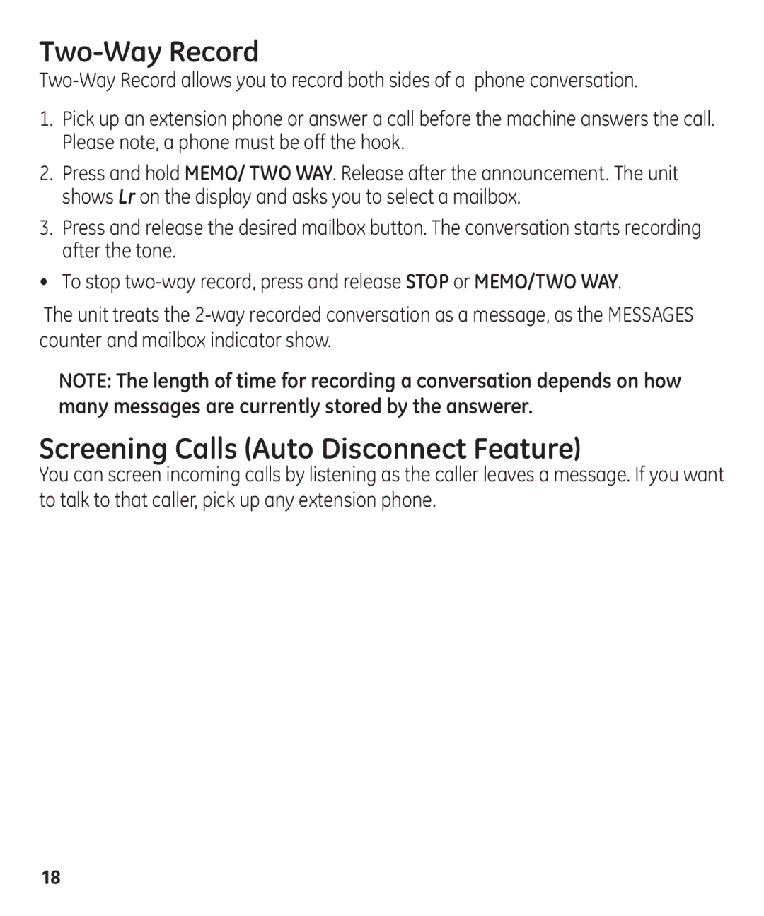 GE 29861 manual Two-Way Record, Screening Calls Auto Disconnect Feature 