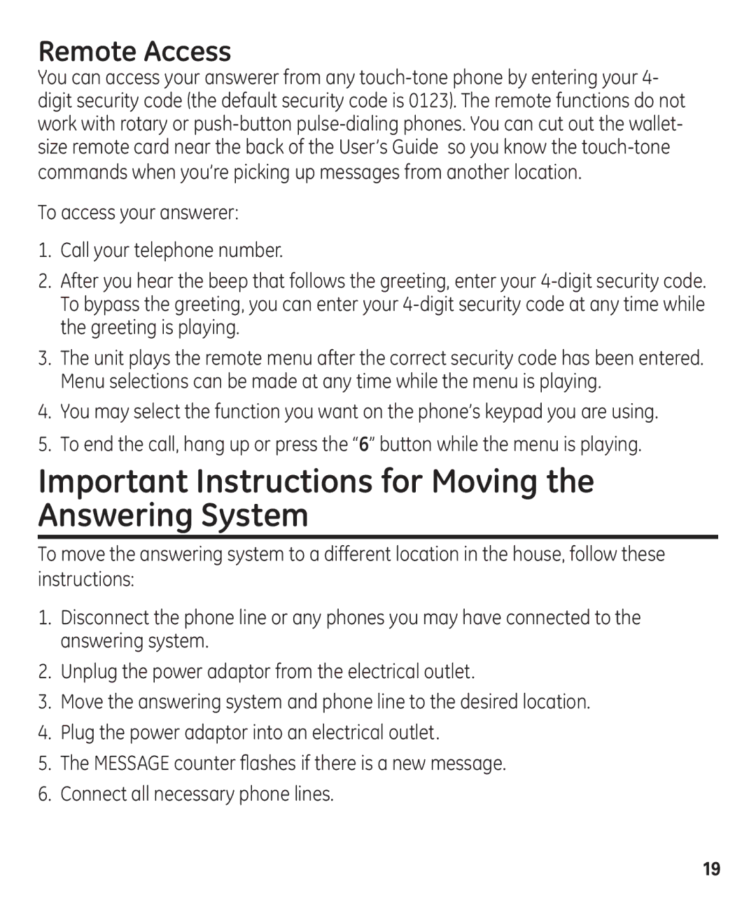 GE 29861 manual Important Instructions for Moving the Answering System, Remote Access 