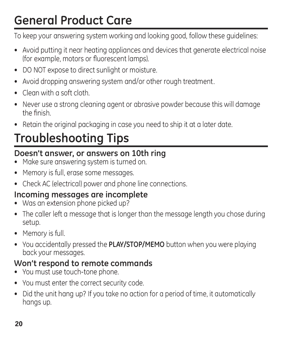 GE 29861 manual General Product Care, Troubleshooting Tips 