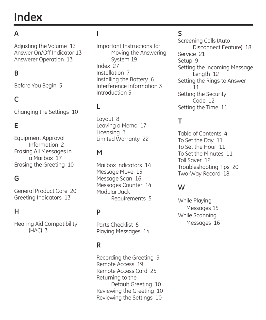 GE 29861 manual Index 