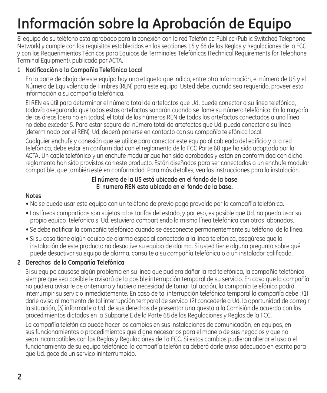 GE 29861 manual Información sobre la Aprobación de Equipo, Notificación a la Compañía Telefónica Local 