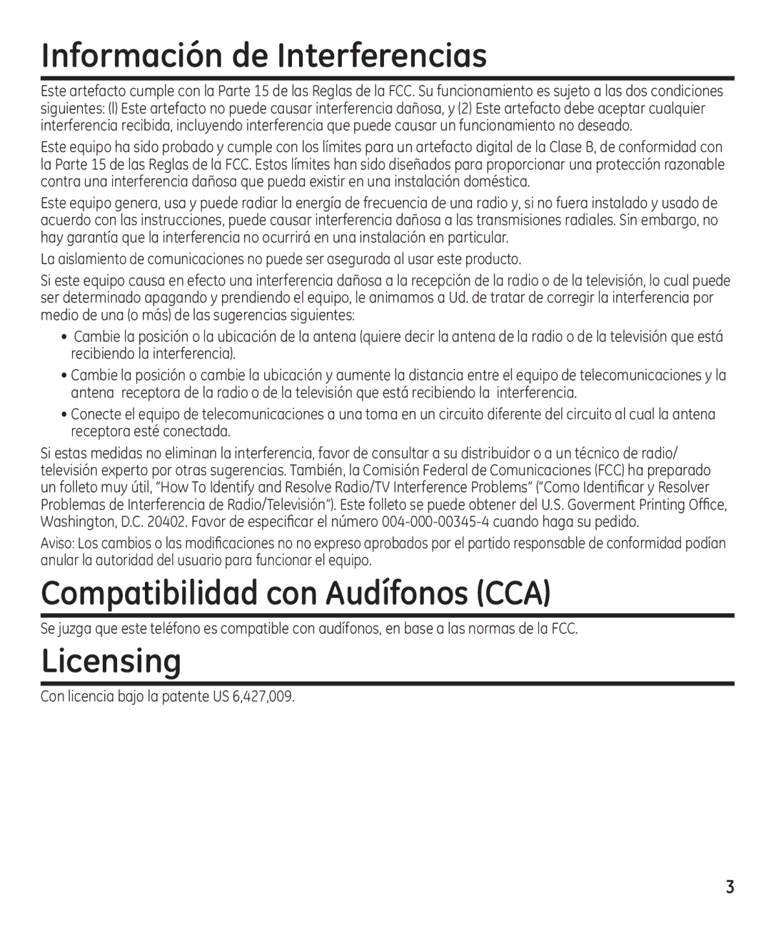 GE 29861 manual Información de Interferencias, Compatibilidad con Audífonos CCA 