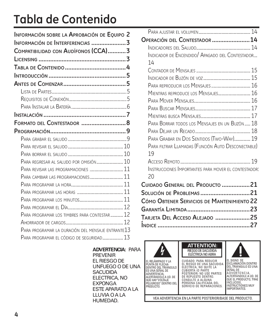 GE 29861 manual Tabla de Contenido, Formato del Contestador Programación 