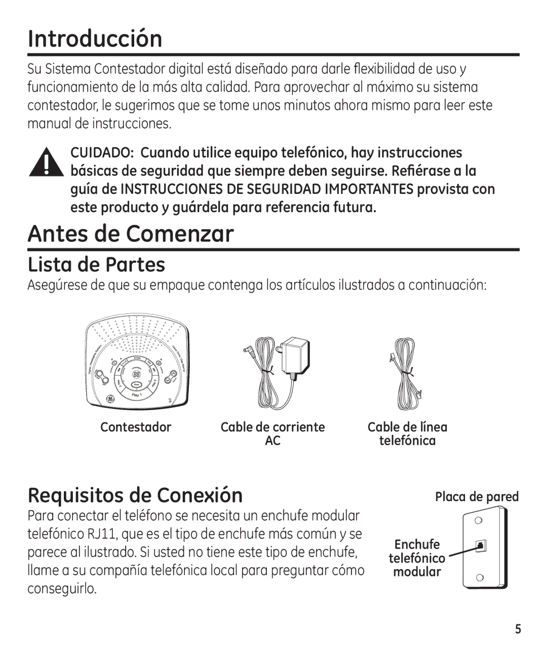 GE 29861 manual Introducción, Antes de Comenzar, Lista de Partes, Requisitos de Conexión 