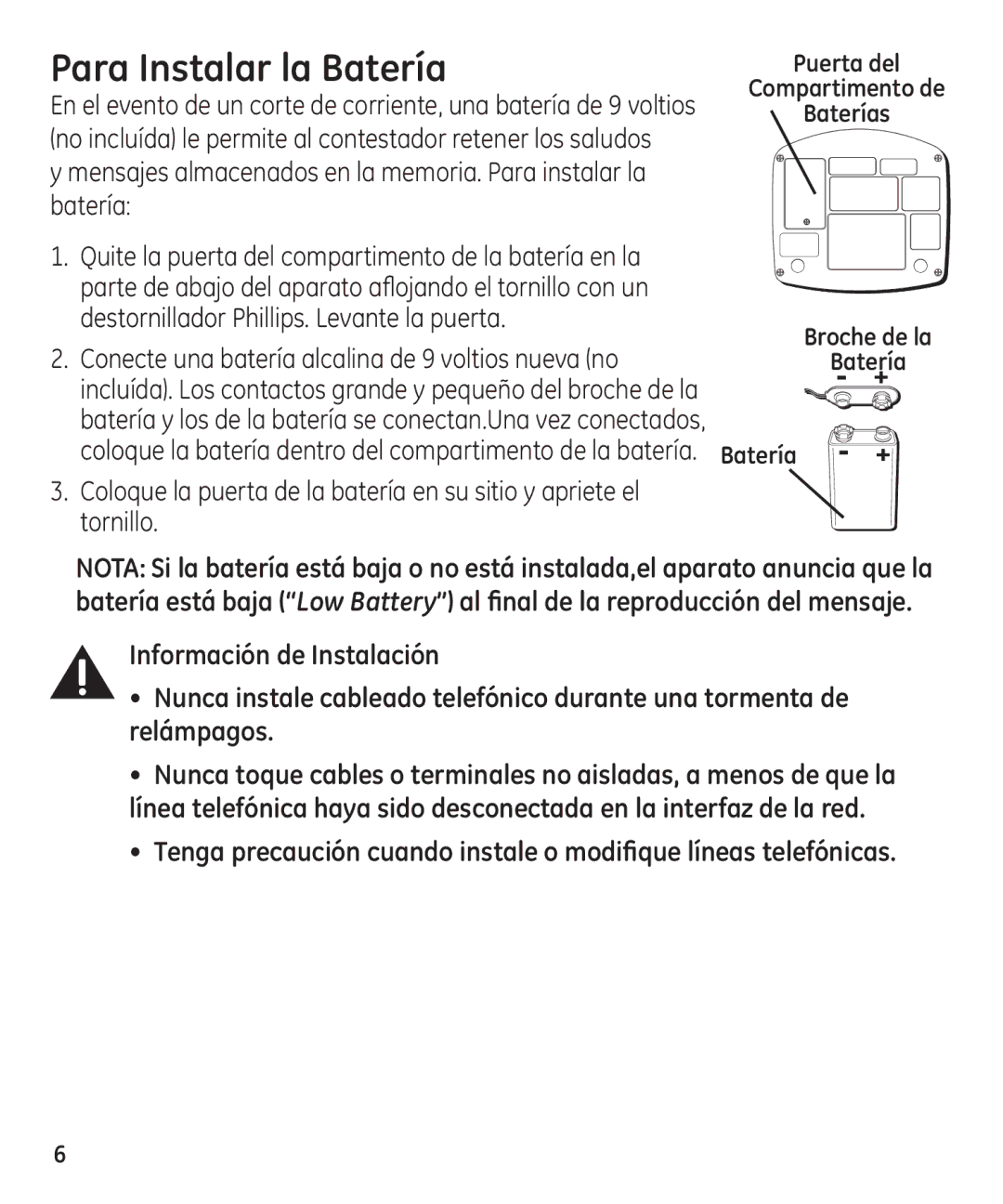 GE 29861 manual Para Instalar la Batería, Mensajes almacenados en la memoria. Para instalar la batería 