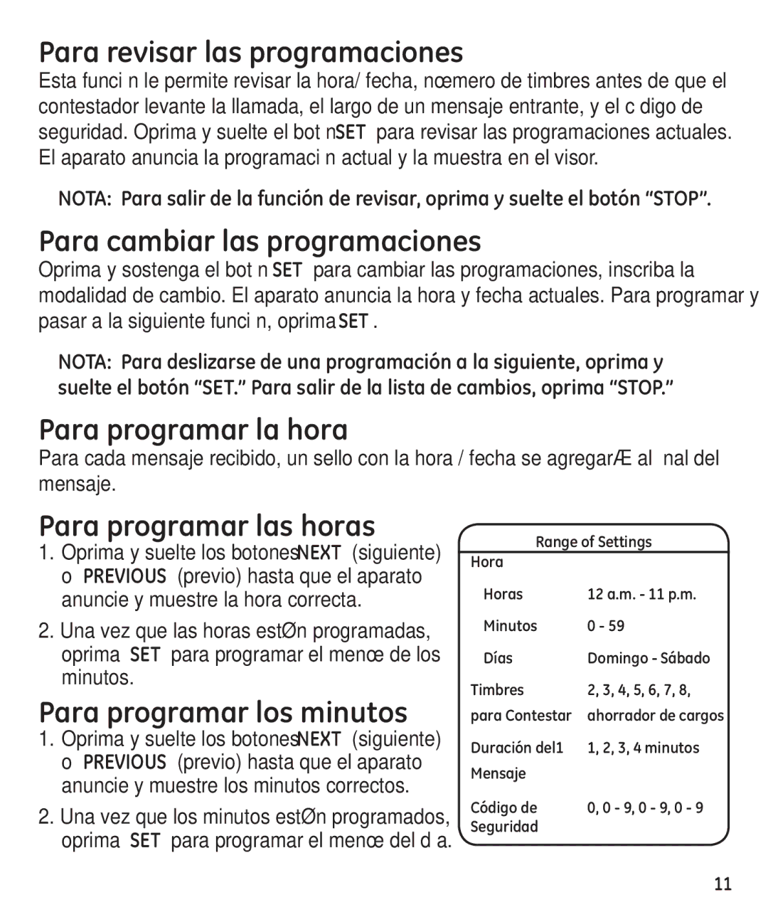 GE 29861 manual Para revisar las programaciones, Para cambiar las programaciones, Para programar la hora 