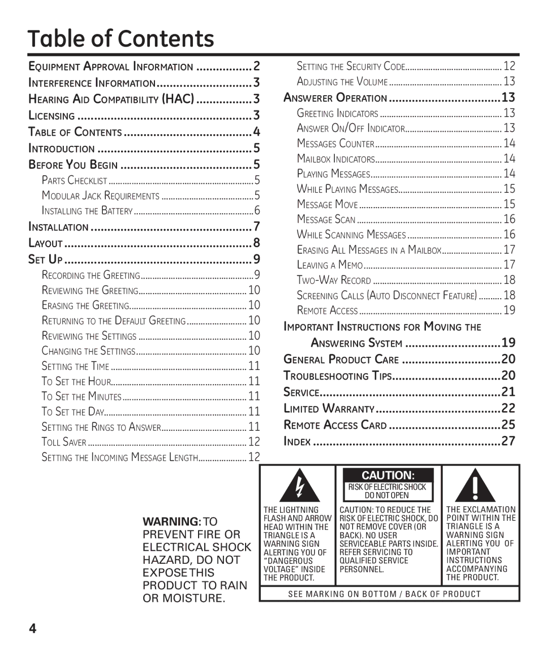 GE 29861 manual Table of Contents 