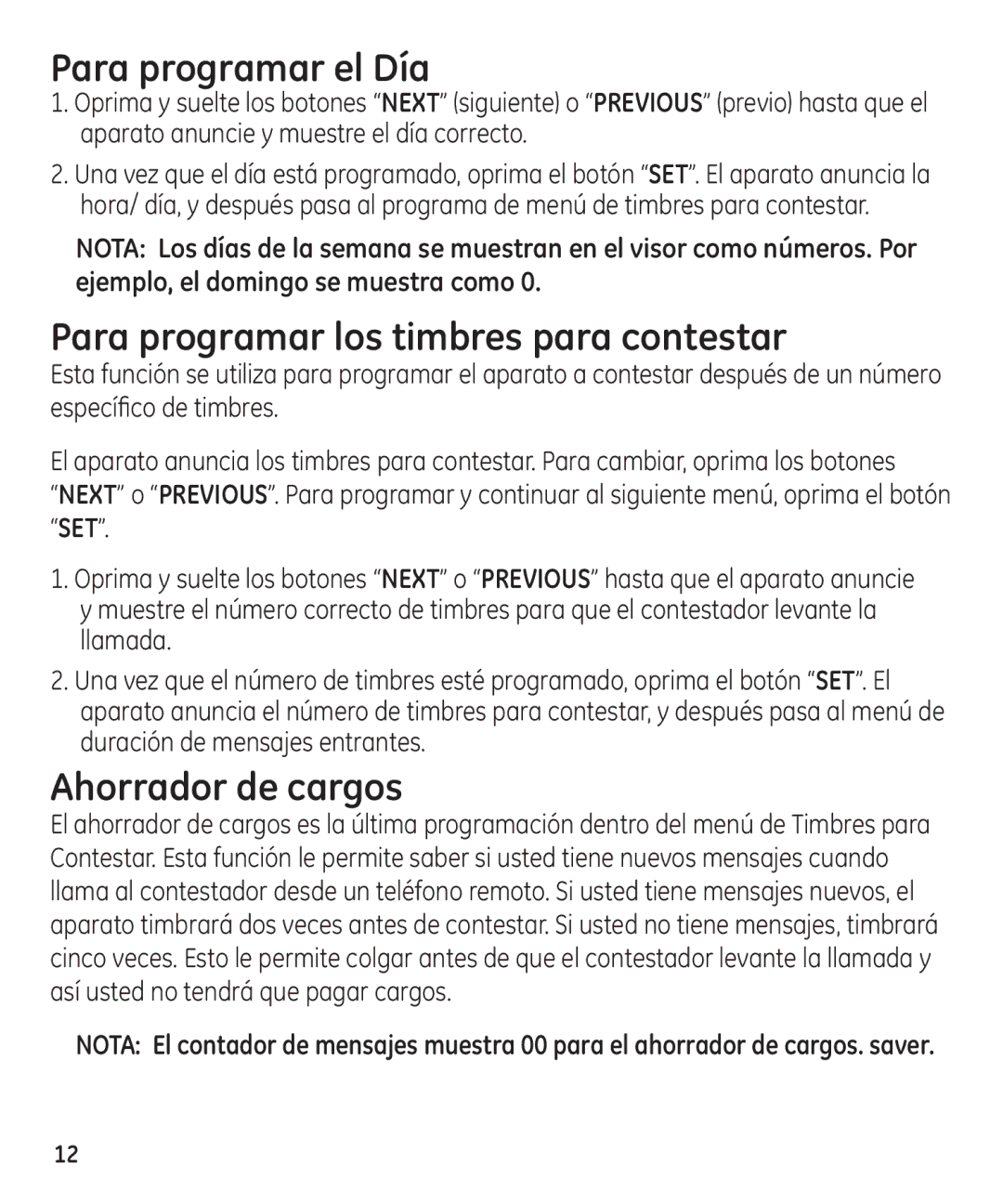 GE 29861 manual Para programar el Día, Para programar los timbres para contestar, Ahorrador de cargos 