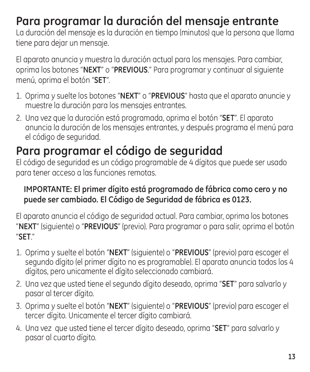 GE 29861 manual Para programar la duración del mensaje entrante, Para programar el código de seguridad 