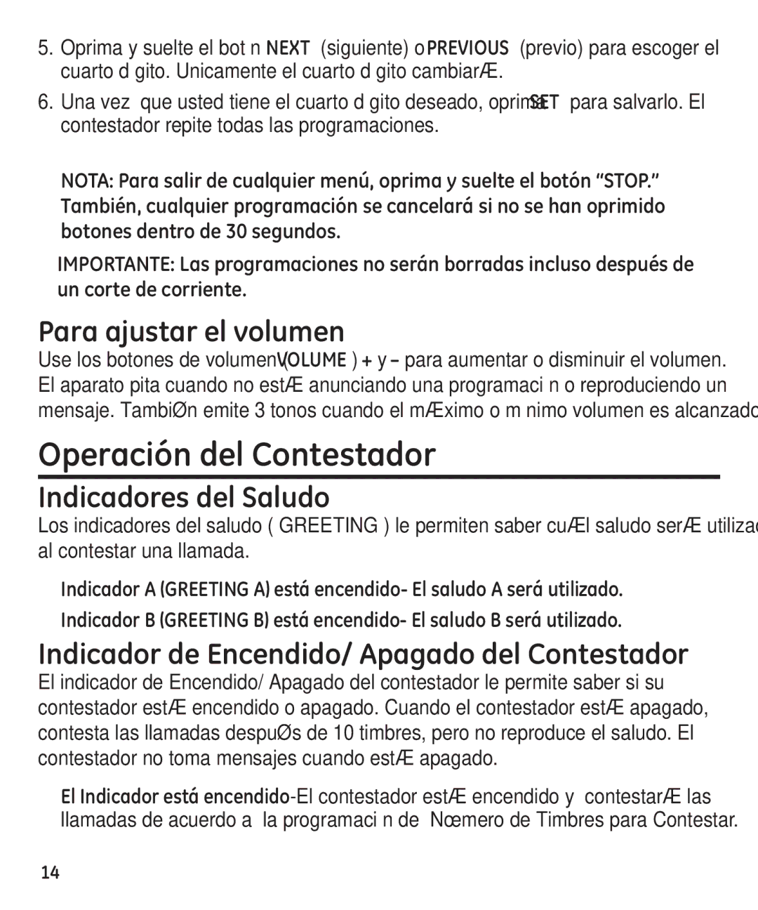 GE 29861 manual Operación del Contestador, Para ajustar el volumen, Indicadores del Saludo 