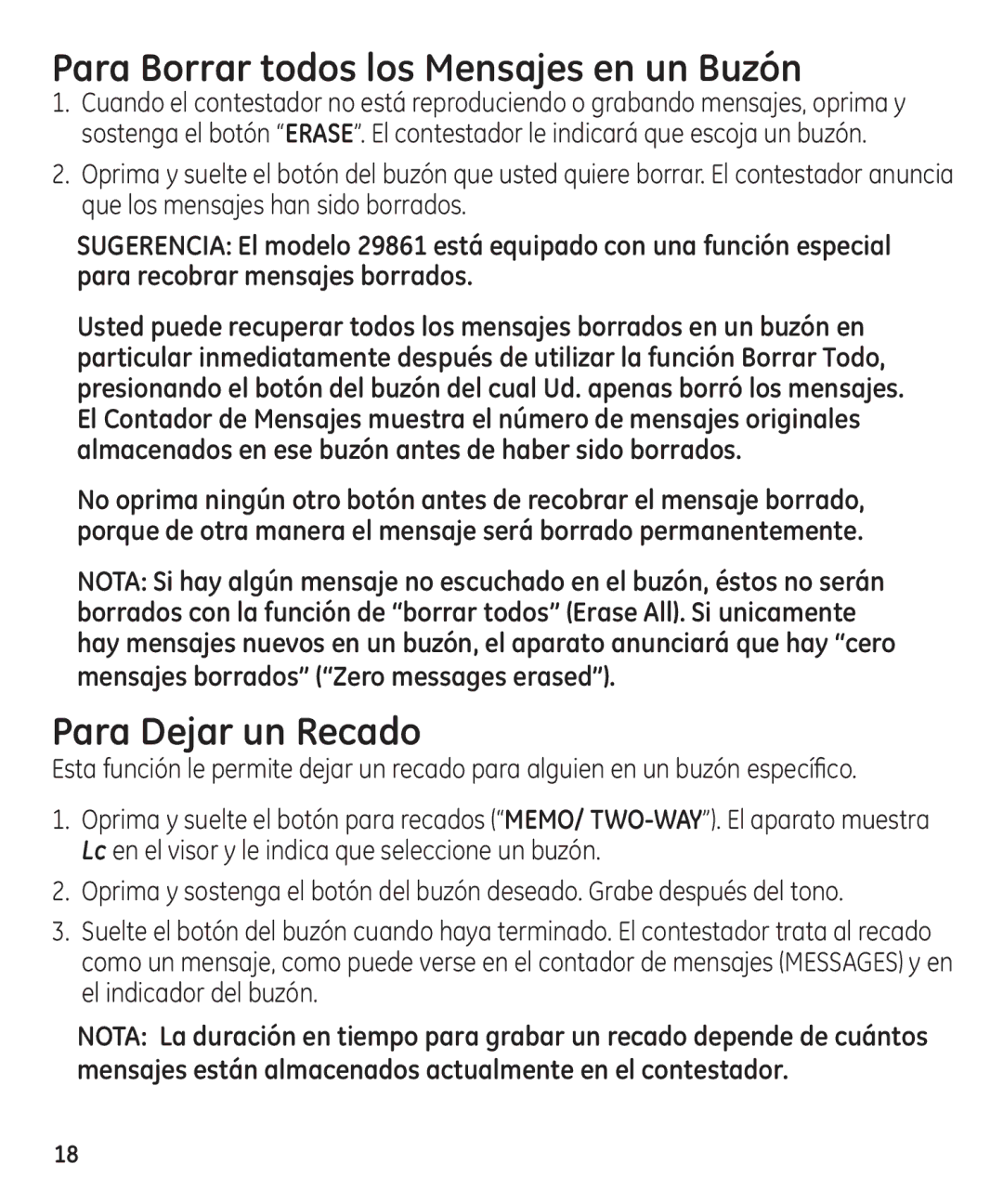 GE 29861 manual Para Borrar todos los Mensajes en un Buzón, Para Dejar un Recado 