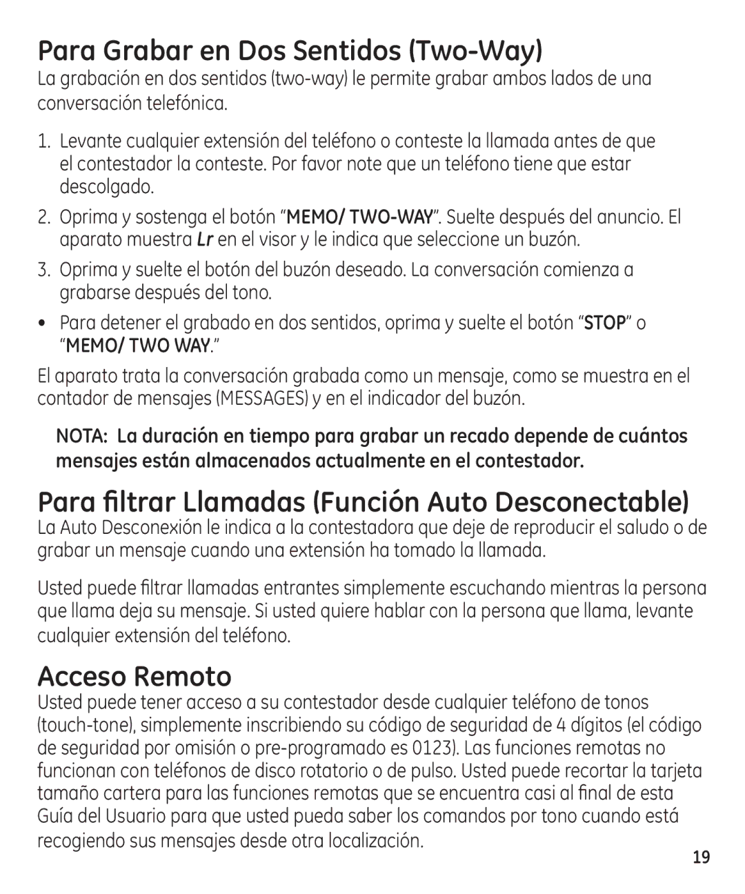 GE 29861 manual Para Grabar en Dos Sentidos Two-Way, Acceso Remoto, Cualquier extensión del teléfono 