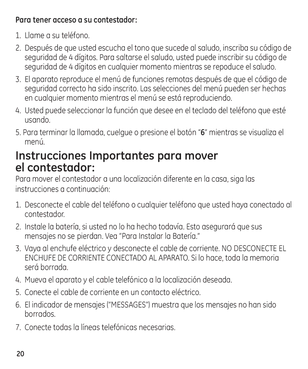 GE 29861 manual Instrucciones Importantes para mover el contestador, Llame a su teléfono 