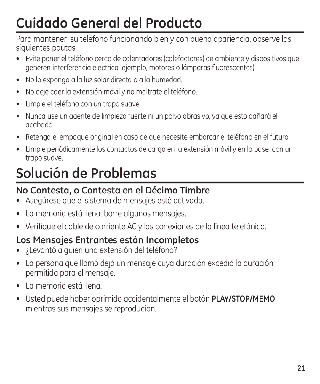 GE 29861 manual Cuidado General del Producto, Solución de Problemas 