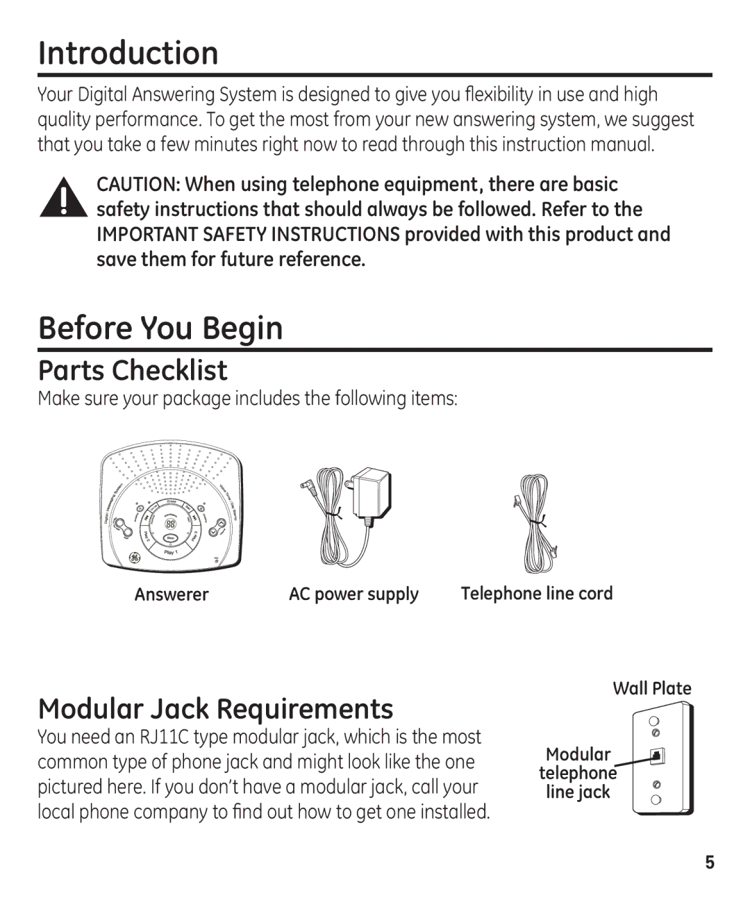 GE 29861 manual Introduction Before You Begin, Parts Checklist, Modular Jack Requirements 