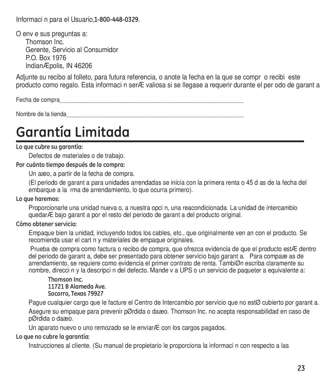 GE 29861 manual Garantía Limitada, Gerente, Servicio al Consumidor P.O. Box Indianápolis 