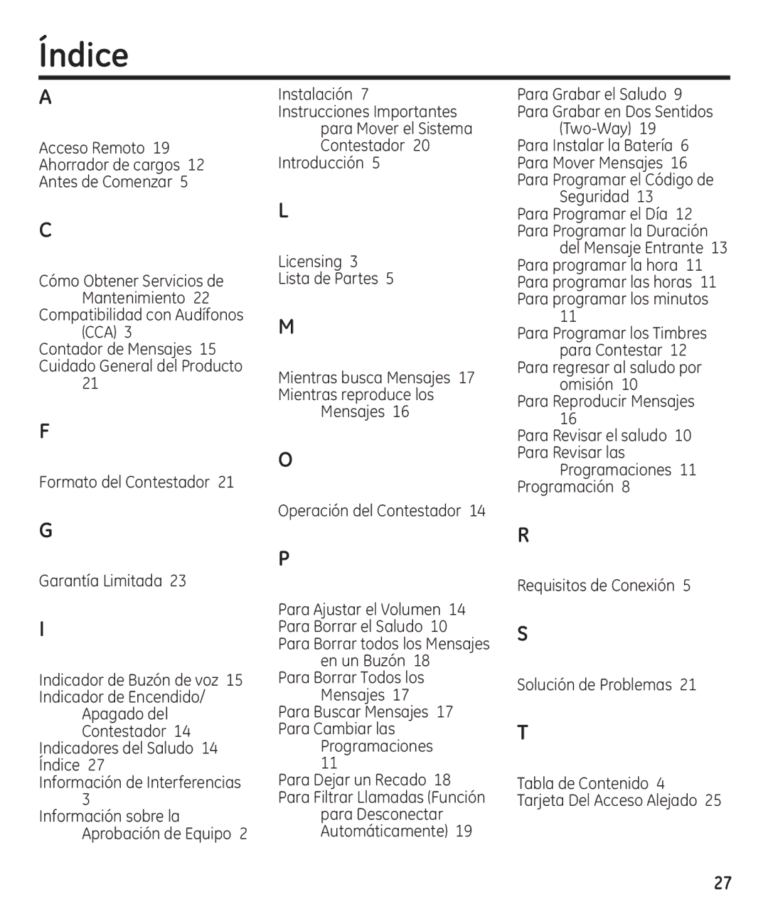 GE 29861 manual Índice, Mensajes Operación del Contestador 