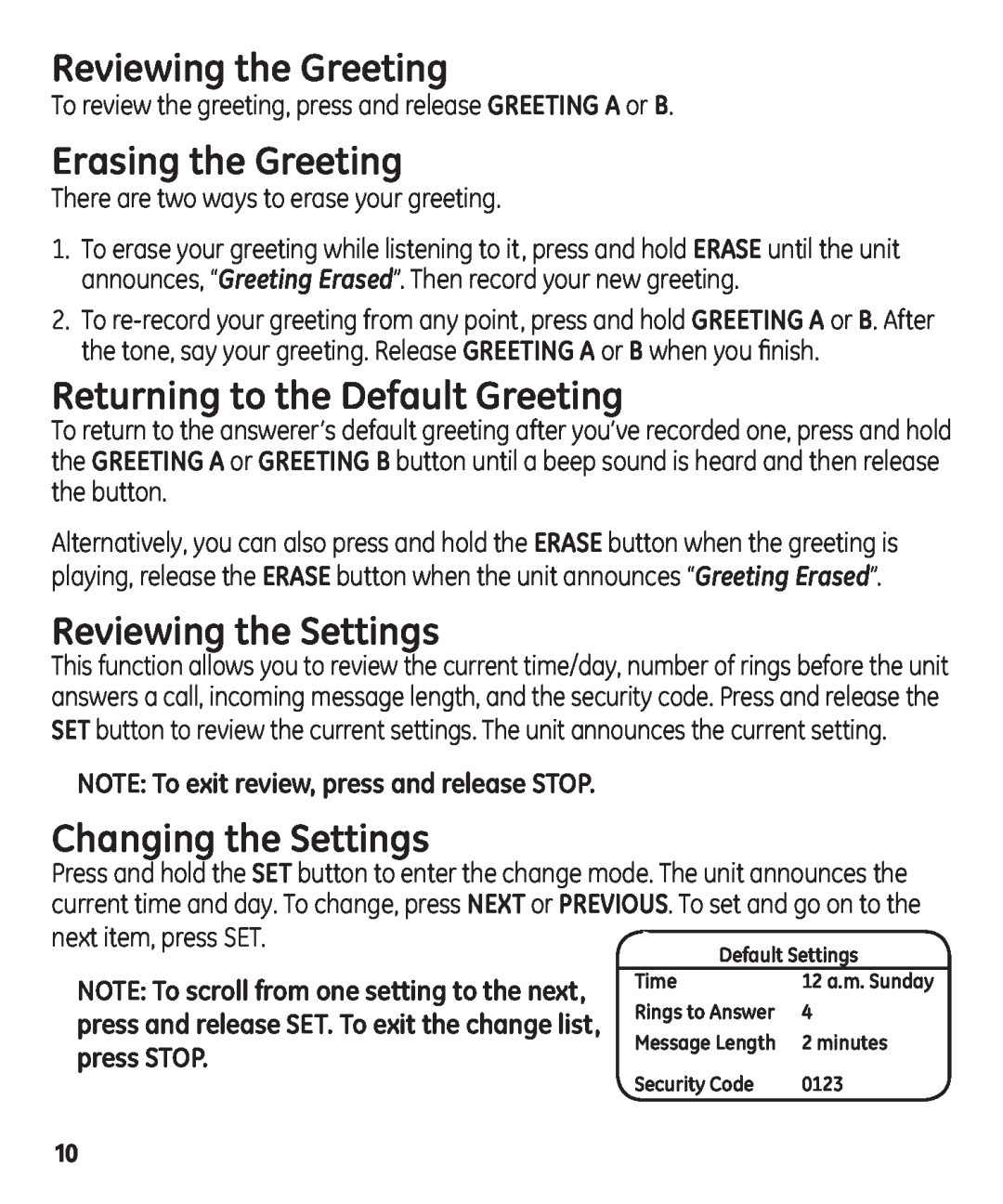 GE 29861 manual Reviewing the Greeting, Erasing the Greeting, Returning to the Default Greeting, Reviewing the Settings 