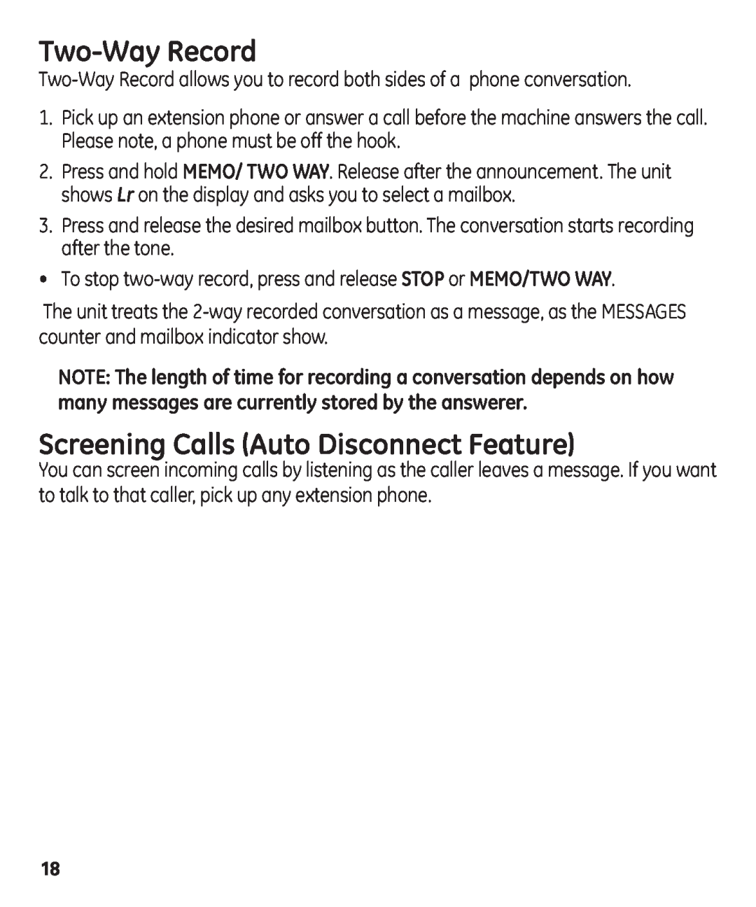 GE 29861 manual Two-Way Record, Screening Calls Auto Disconnect Feature 