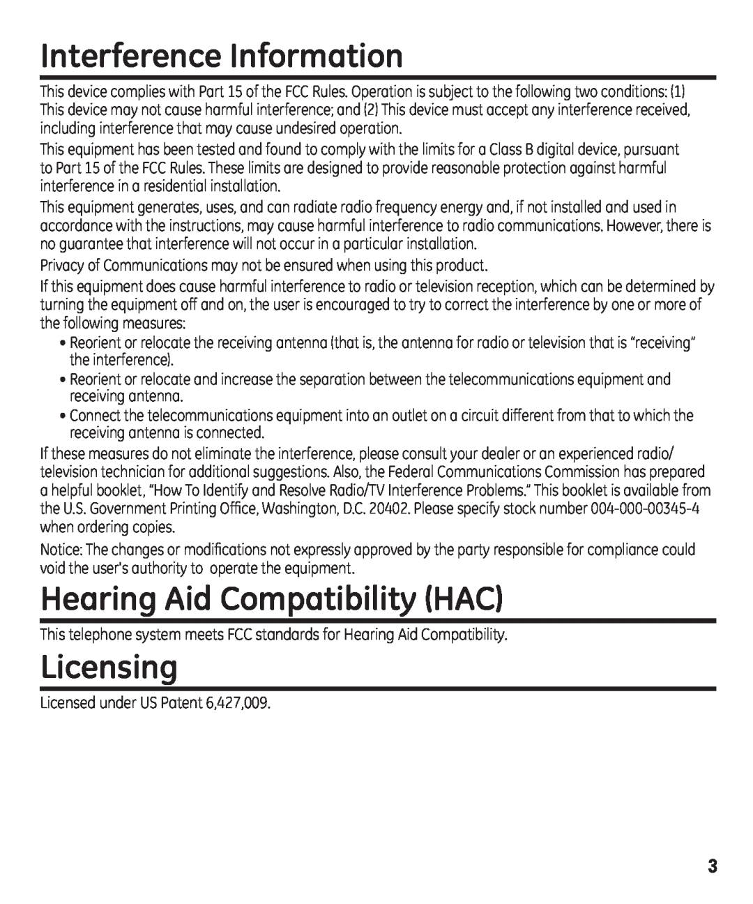 GE 29861 manual Interference Information, Hearing Aid Compatibility HAC, Licensing 