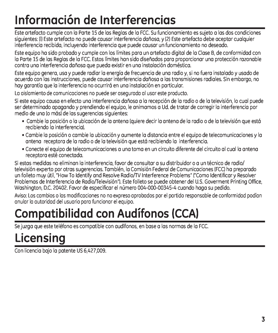 GE 29861 manual Información de Interferencias, Compatibilidad con Audífonos CCA, Licensing 