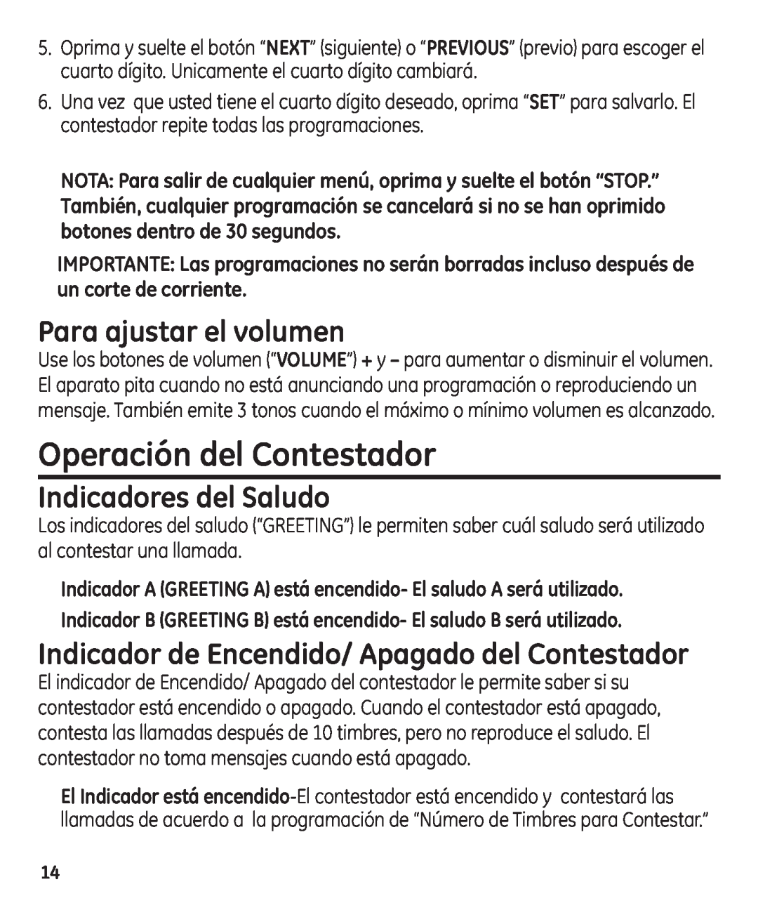GE 29861 manual Operación del Contestador, Para ajustar el volumen, Indicadores del Saludo 