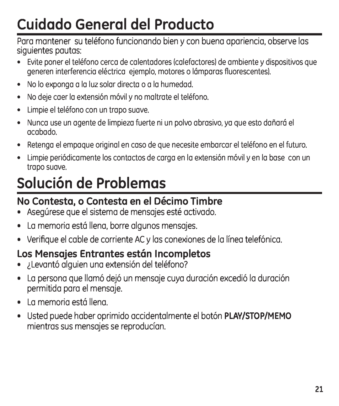 GE 29861 manual Cuidado General del Producto, Solución de Problemas, No Contesta, o Contesta en el Décimo Timbre 