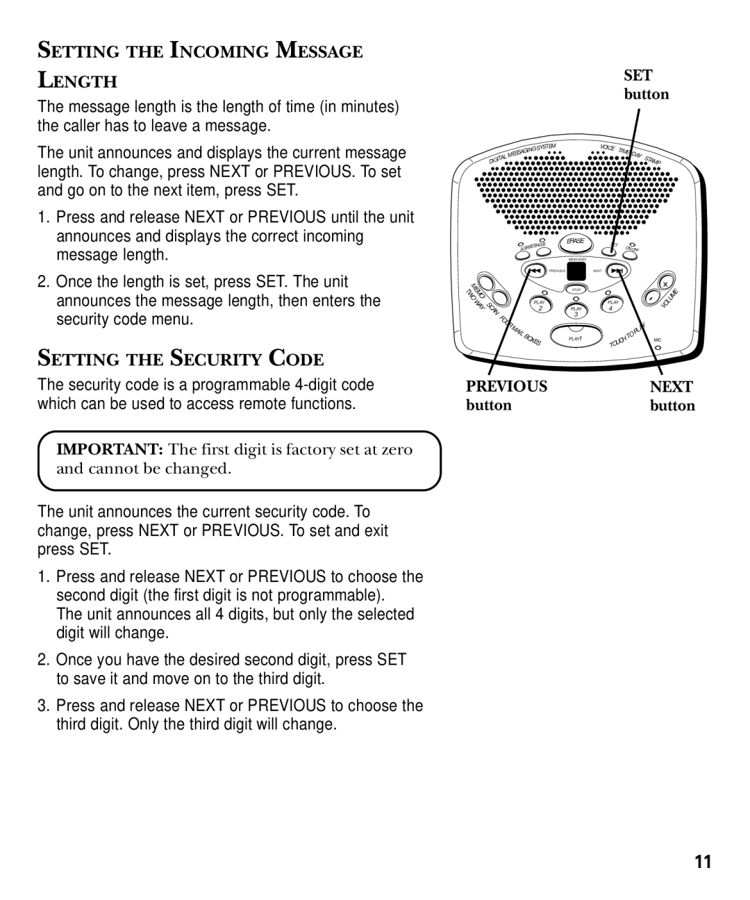 GE 29869 Series manual Setting the Incoming Message Length, SET button, Setting the Security Code 