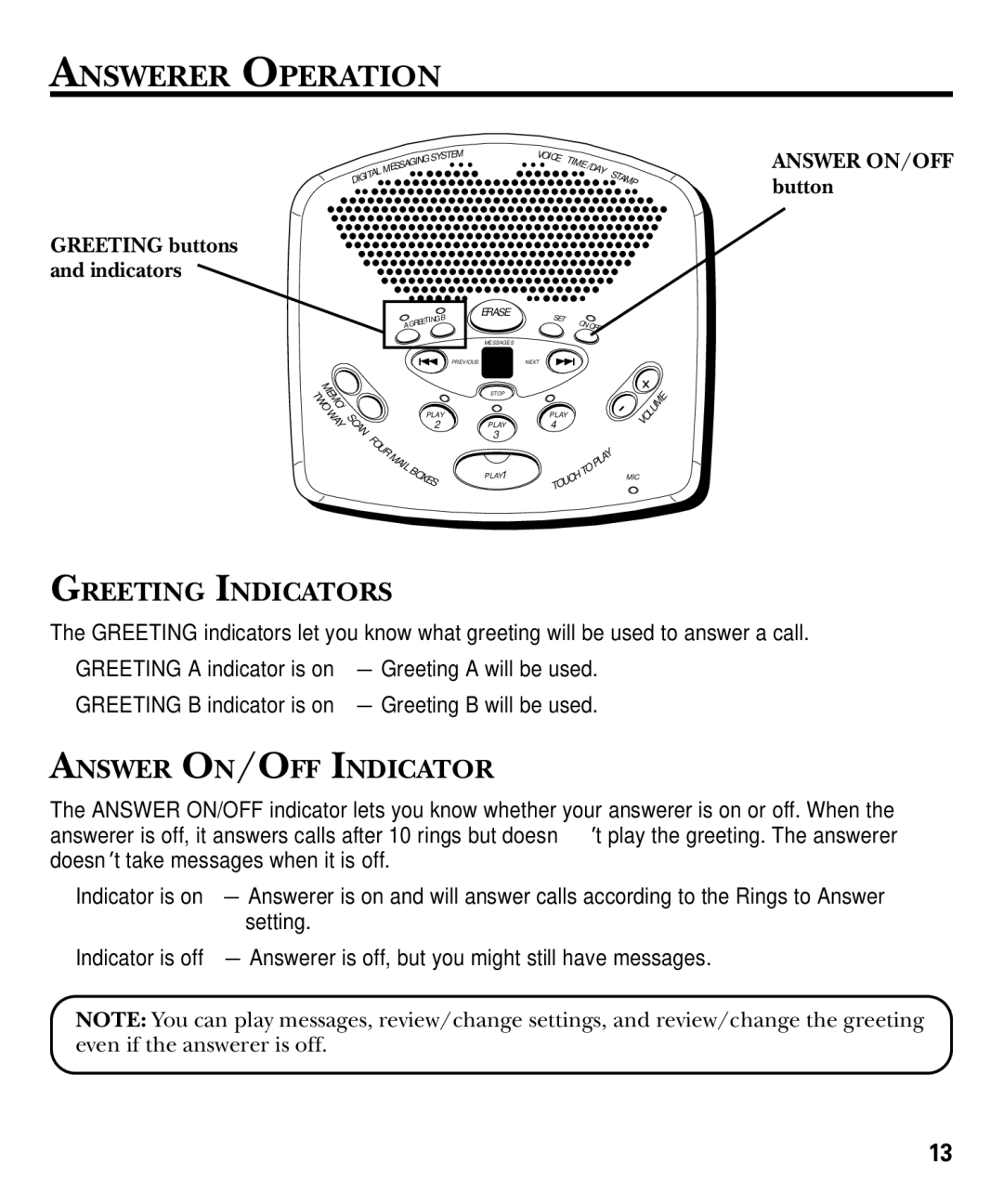 GE 29869 Series manual Answerer Operation, Greeting Indicators, Answer ON/OFF Indicator, Answer ON/OFF button 