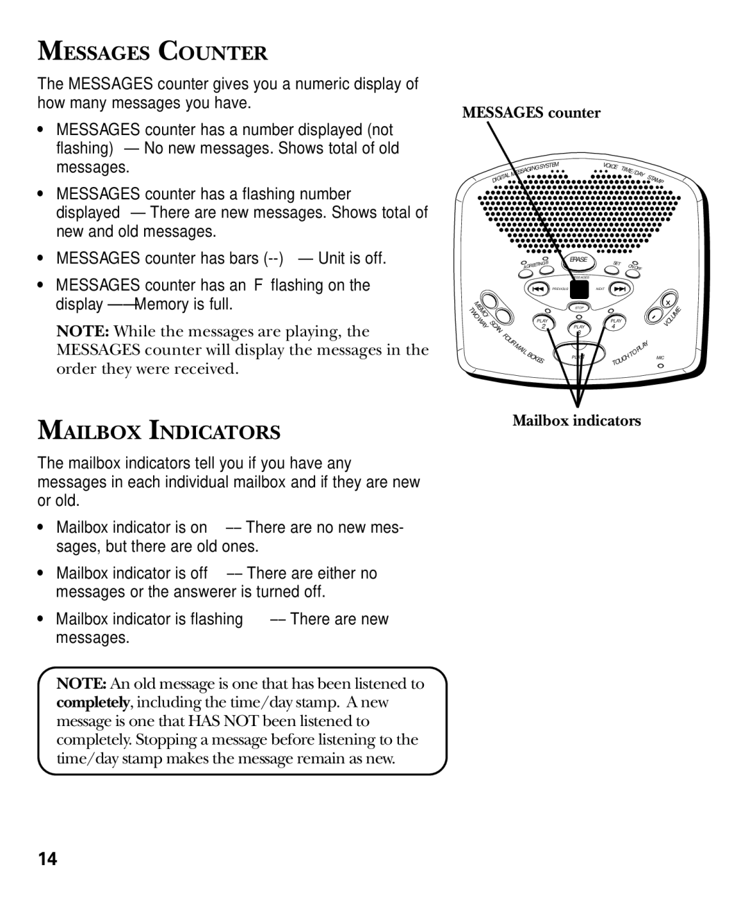 GE 29869 Series manual Messages Counter, Mailbox Indicators, Messages counter, Mailbox indicators 