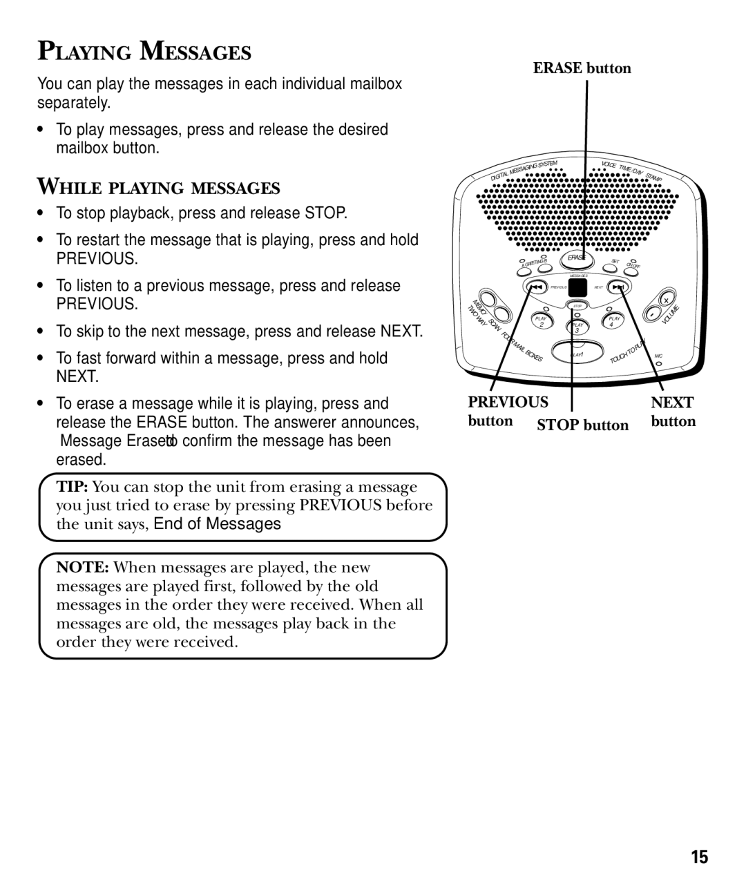 GE 29869 Series manual While Playing Messages, To listen to a previous message, press and release 