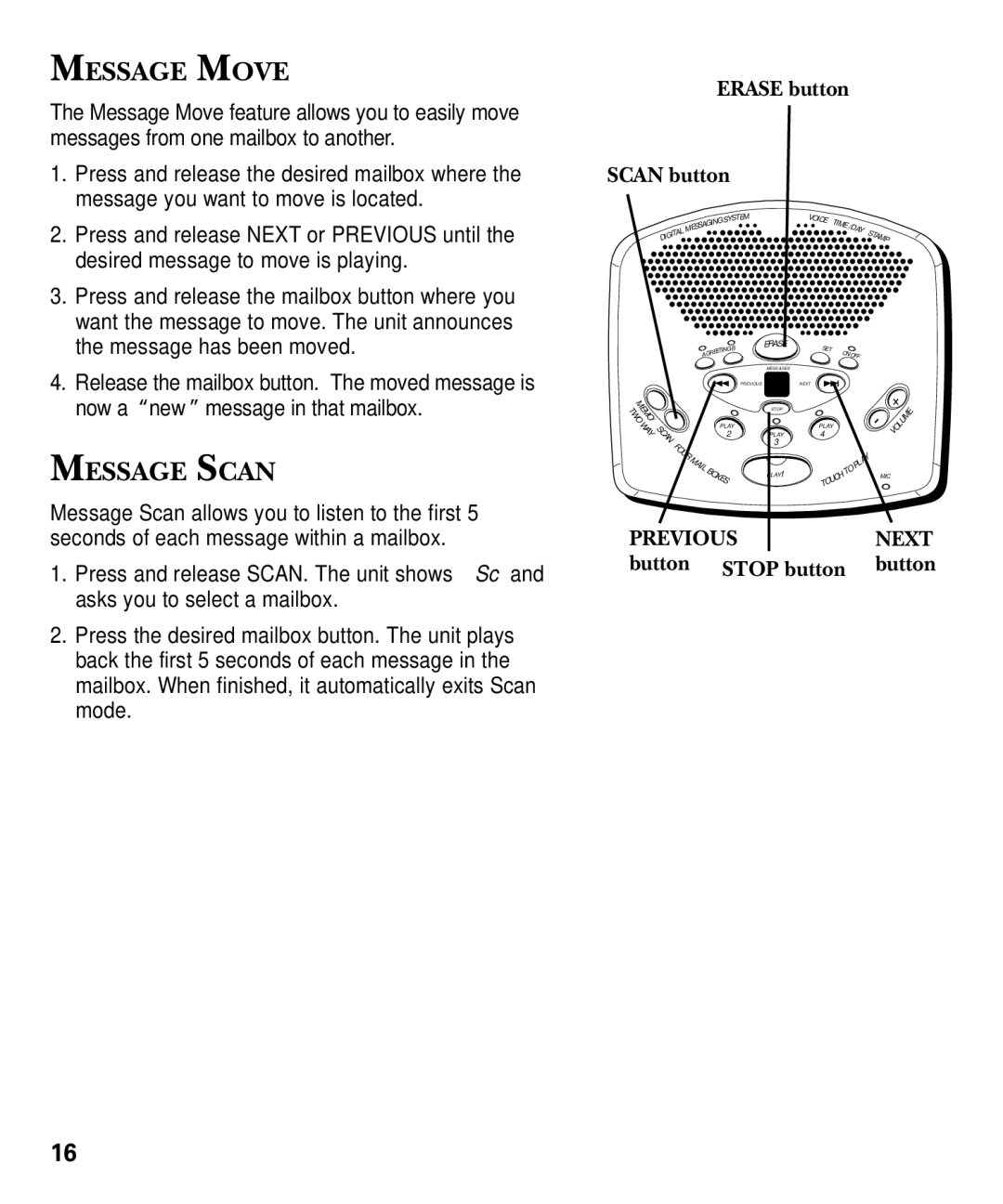 GE 29869 Series manual Message Move, Message Scan, Erase button Scan button 