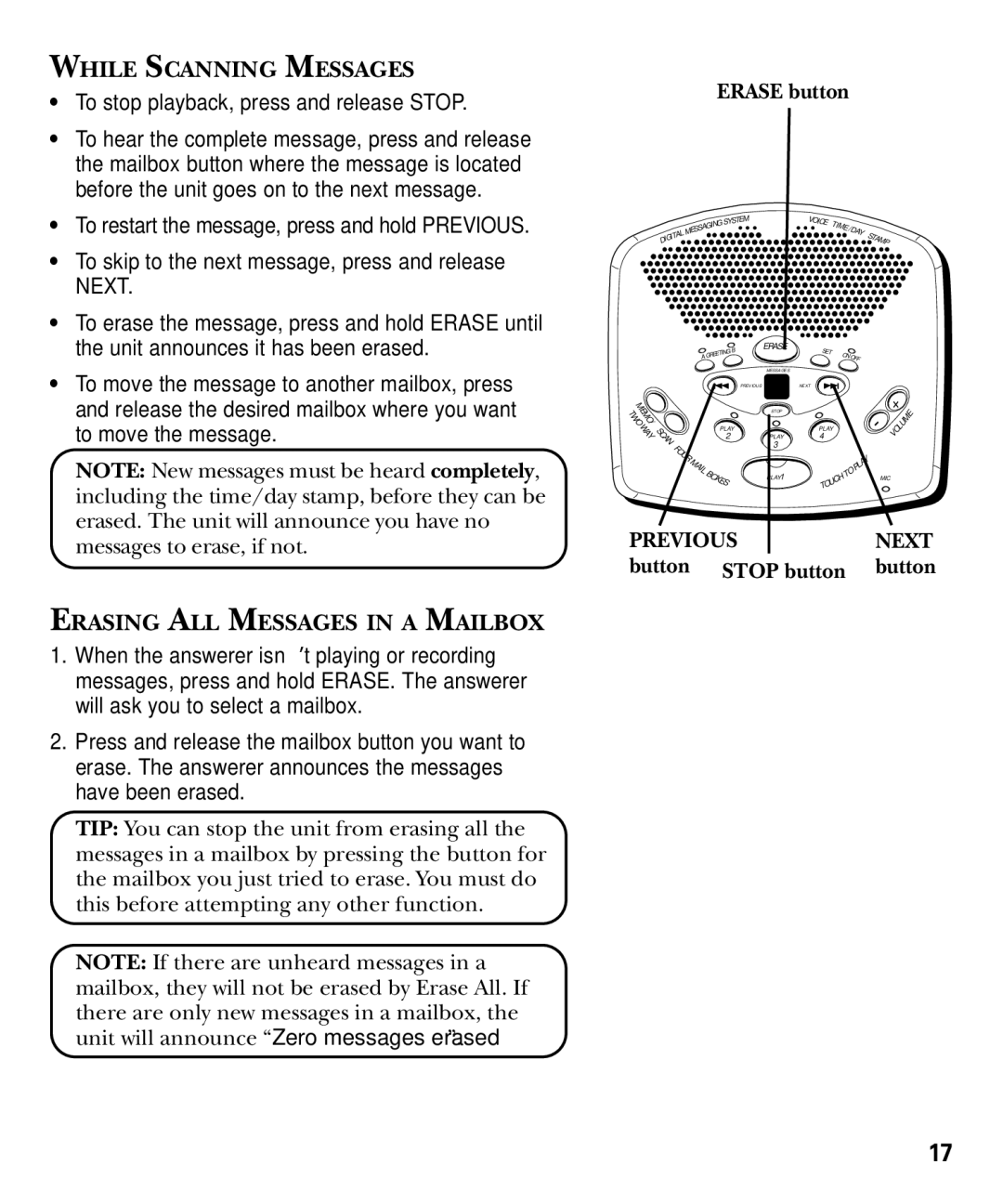 GE 29869 Series manual While Scanning Messages, To stop playback, press and release Stop, Erasing ALL Messages in a Mailbox 