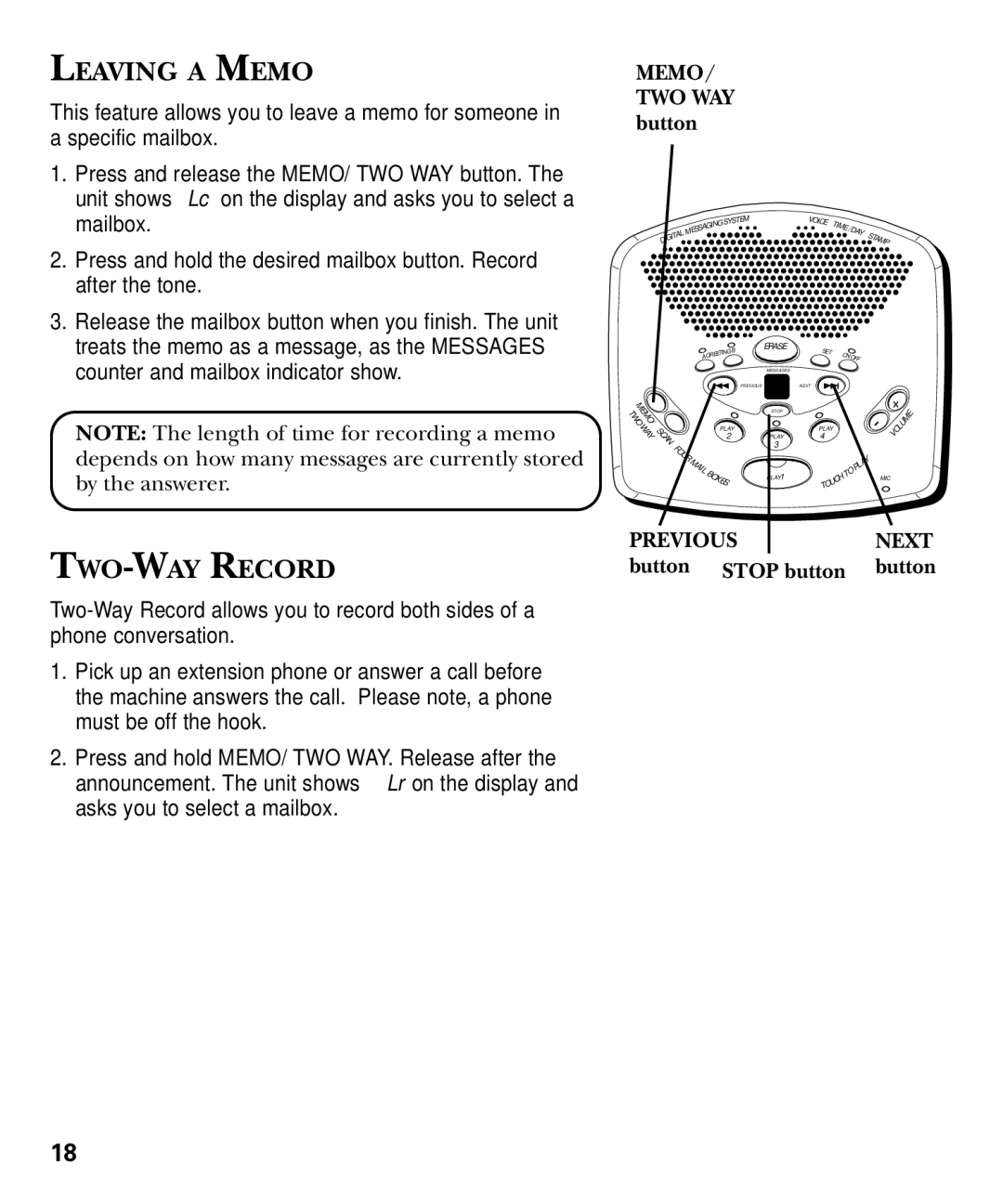 GE 29869 Series manual Leaving a Memo, TWO-WAY Record, Button Stop button 