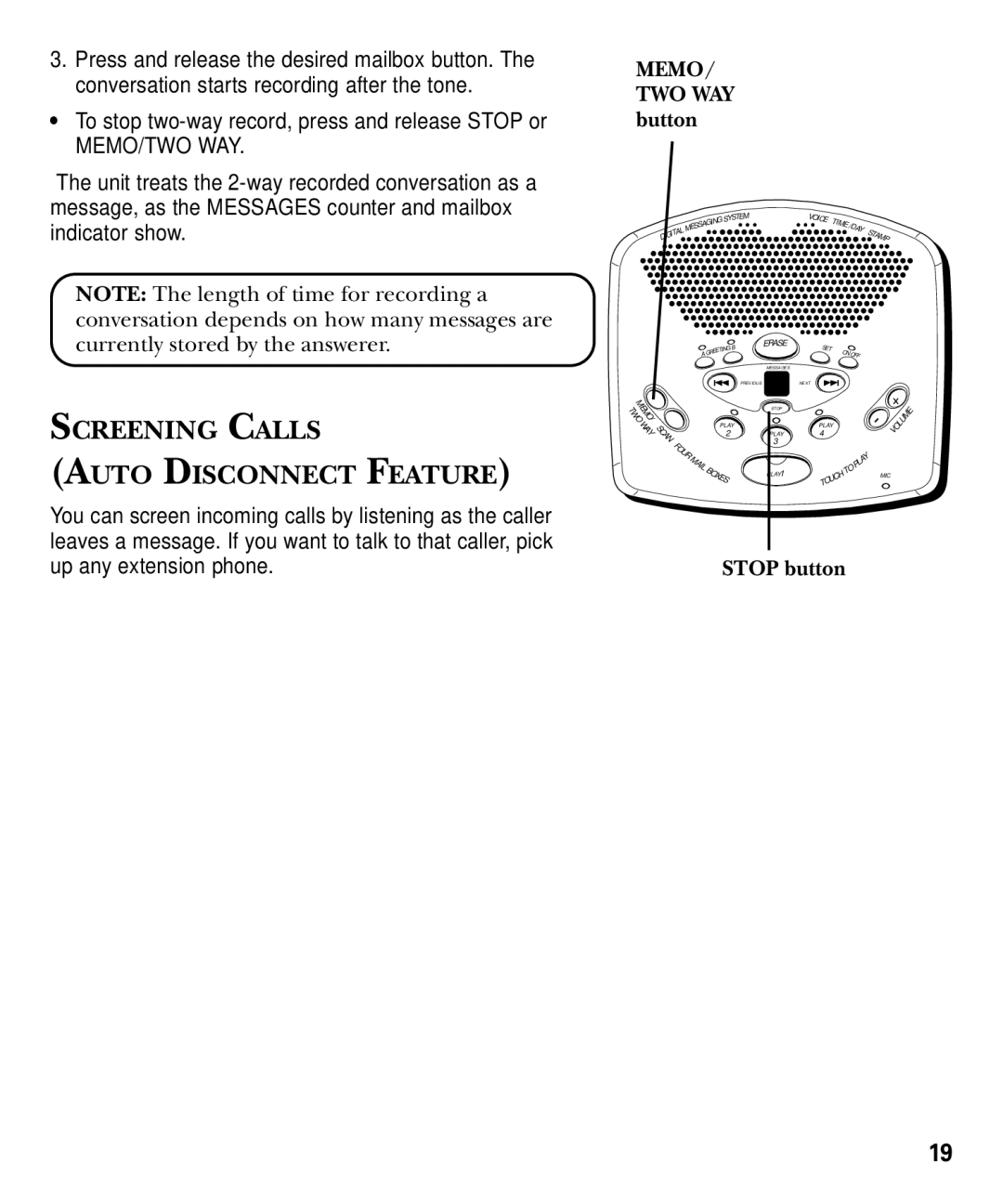 GE 29869 Series manual Screening Calls Auto Disconnect Feature, Stop button 