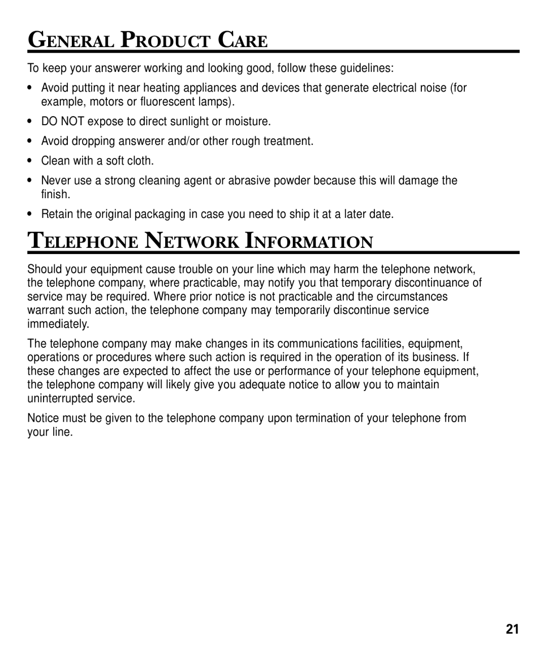 GE 29869 Series manual General Product Care, Telephone Network Information 