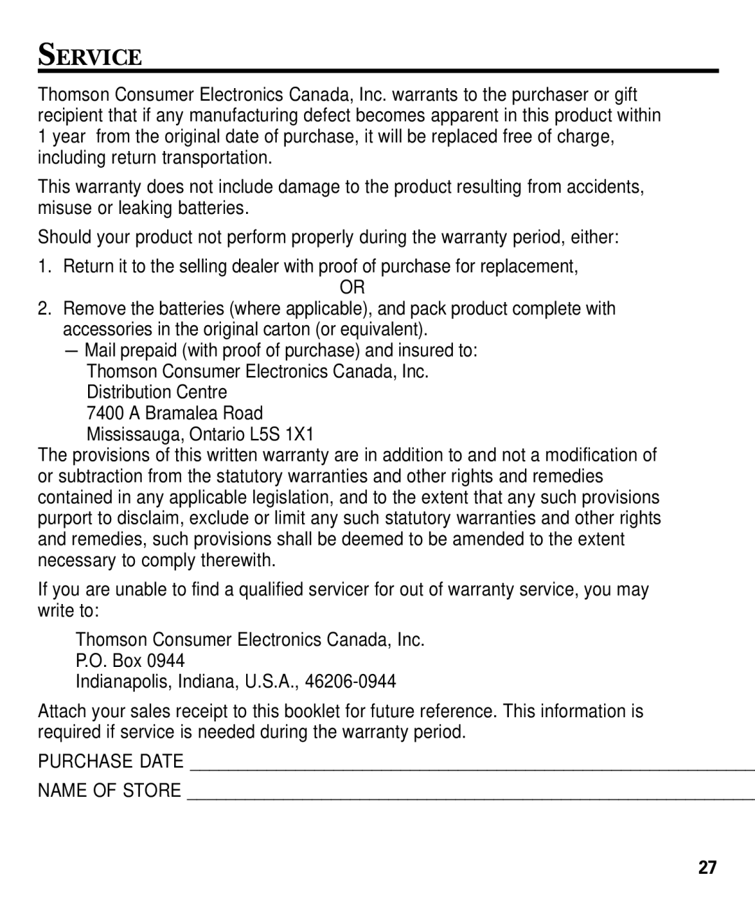 GE 29869 Series manual Service, Purchase Date Name of Store 