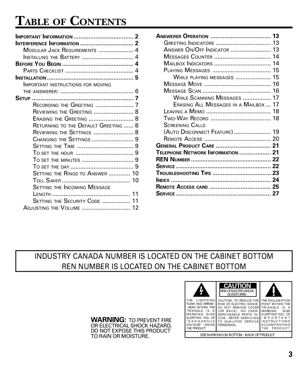 GE 29869 Series manual Table of Contents 