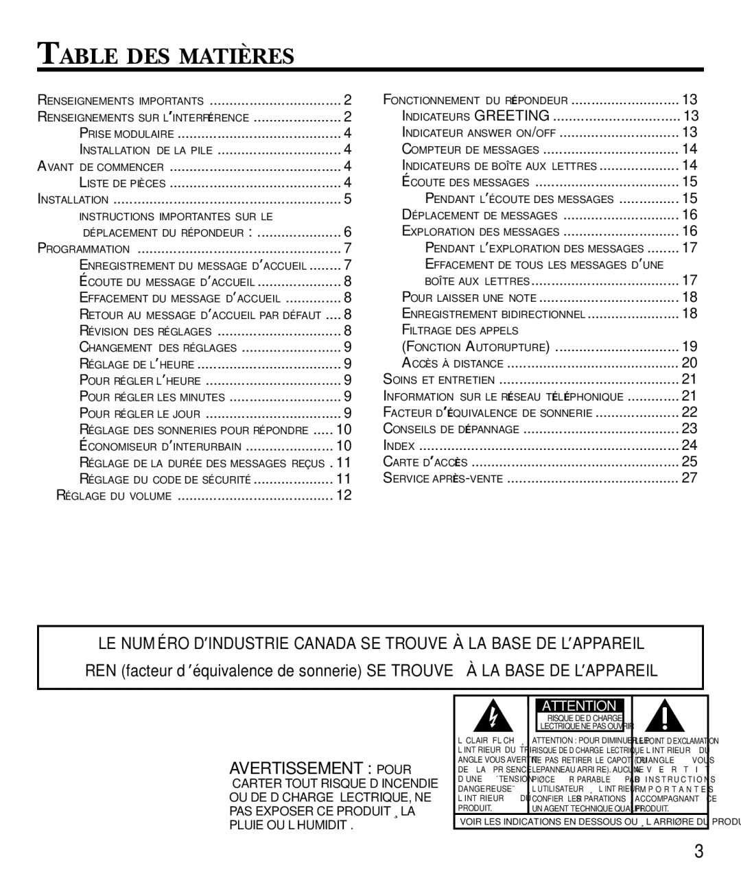 GE 29869 Series manual Table DES Matières, Liste DE Pièces 