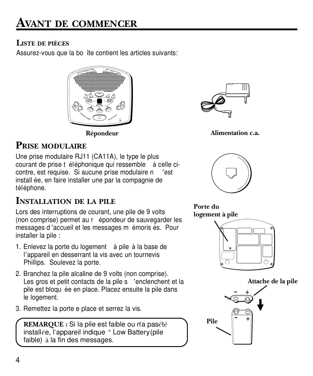 GE 29869 Series manual Avant DE Commencer, Prise Modulaire, Installation DE LA Pile 