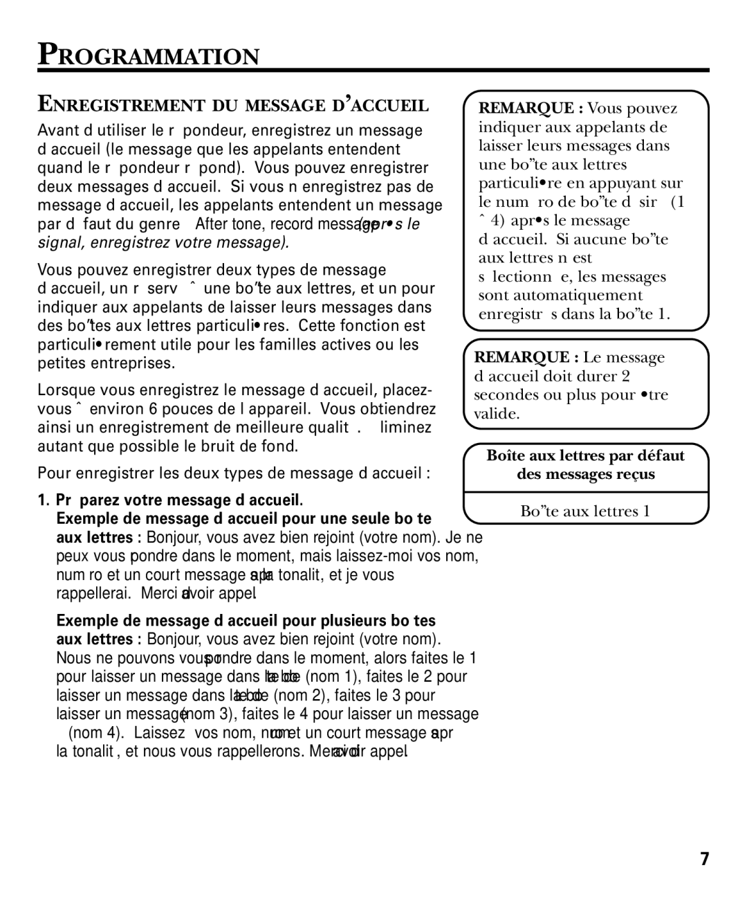 GE 29869 Series manual Programmation, Enregistrement DU Message D’ACCUEIL 