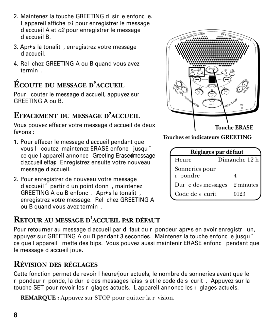 GE 29869 Series manual Relâchez Greeting a ou B quand vous avez terminé, Écoute DU Message D’ACCUEIL, Réglages par défaut 