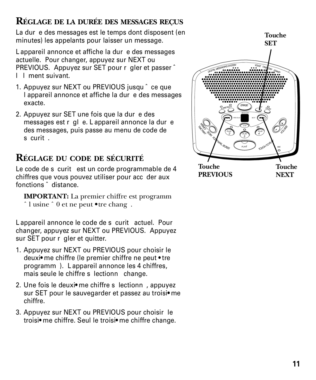 GE 29869 Series manual Réglage DE LA Durée DES Messages Reçus, Réglage DU Code DE Sécurité, ToucheTouche, Previousnext 